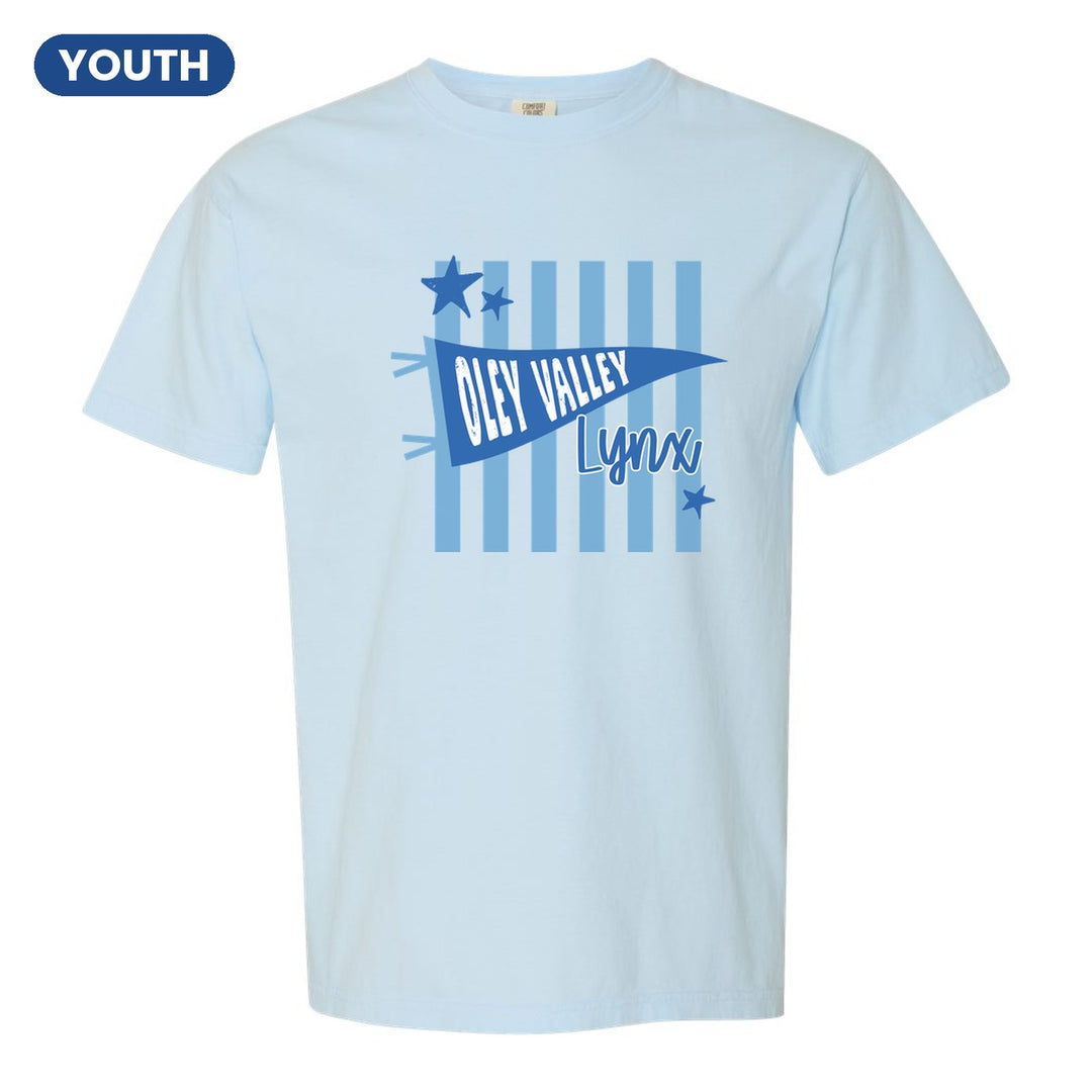 Oley Valley Lynx Pennant Stripes youth comfort colors t-shirt in Chambray: an Oley Valley pennant and Lynx script over light blue stripes and stars
