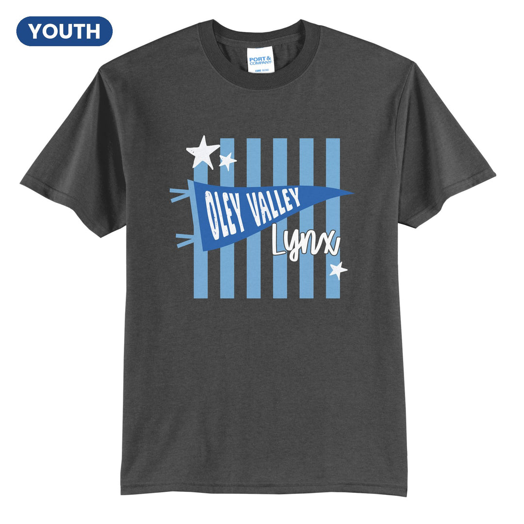 Oley Valley Lynx Pennant Stripes youth t-shirt in Charcoal: an Oley Valley pennant and Lynx script over light blue stripes and stars