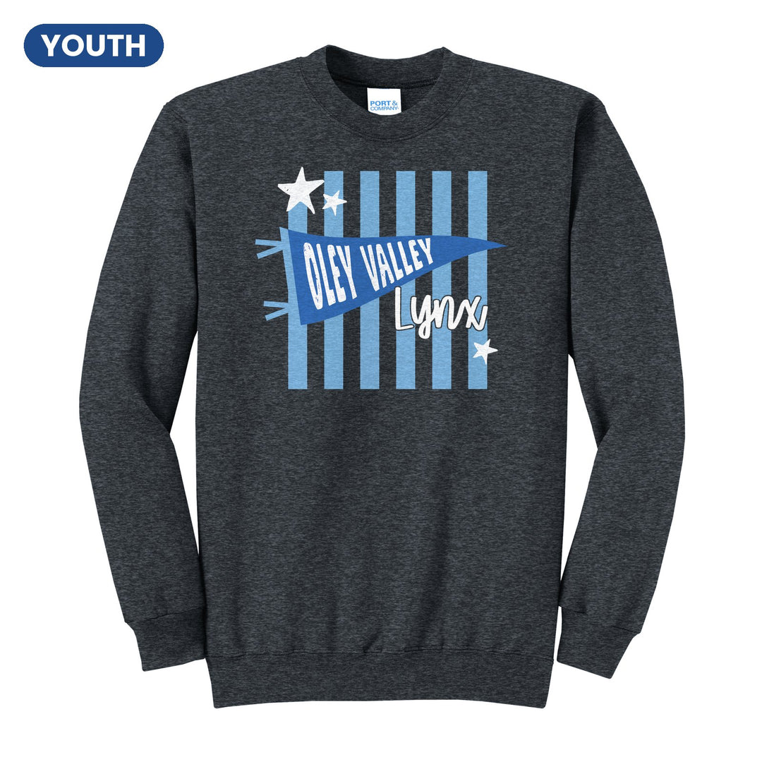 Oley Valley Lynx Pennant Stripes youth crewneck sweatshirt in Dark Heather Grey: an Oley Valley pennant and Lynx script over light blue stripes and stars