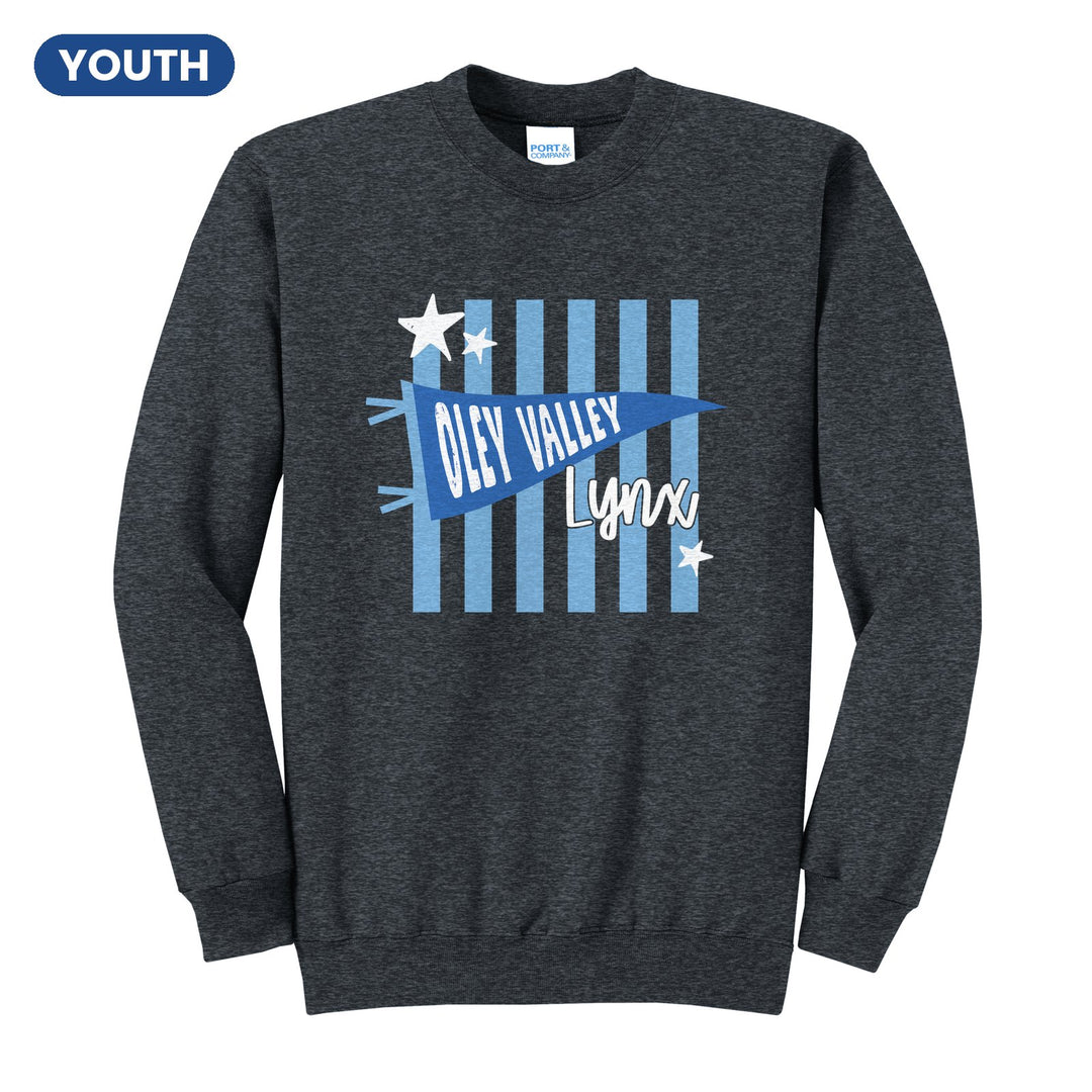 Oley Valley Lynx Pennant Stripes youth crewneck sweatshirt in Dark Heather Grey: an Oley Valley pennant and Lynx script over light blue stripes and stars