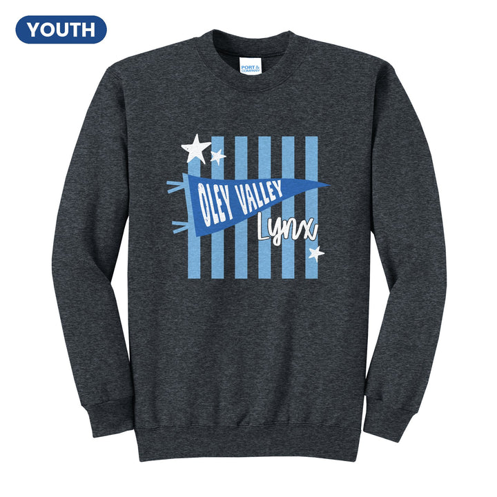 Oley Valley Lynx Pennant Stripes youth crewneck sweatshirt in Dark Heather Grey: an Oley Valley pennant and Lynx script over light blue stripes and stars