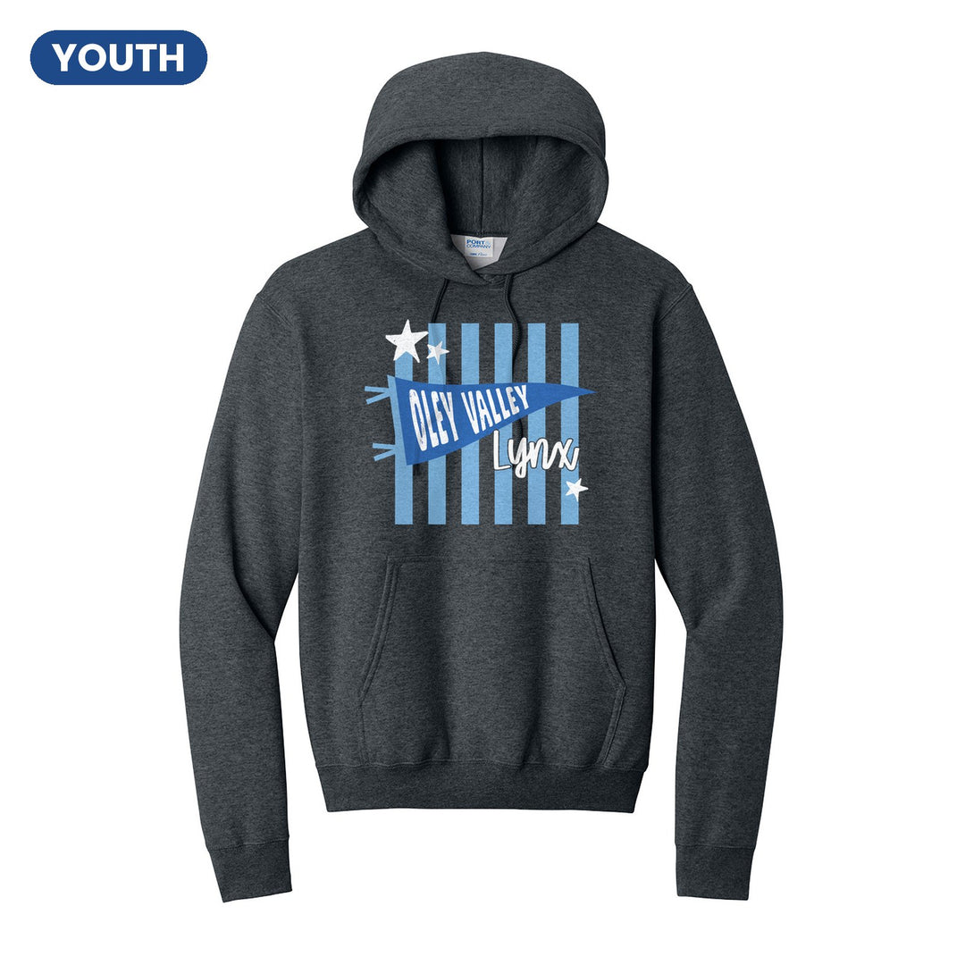 Oley Valley Lynx Pennant Stripes youth hoodie in Dark Heather Grey: an Oley Valley pennant and Lynx script over light blue stripes and stars