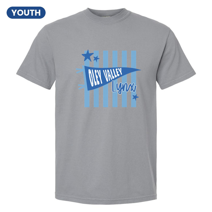 Oley Valley Lynx Pennant Stripes youth comfort colors t-shirt in Granite: an Oley Valley pennant and Lynx script over light blue stripes and stars