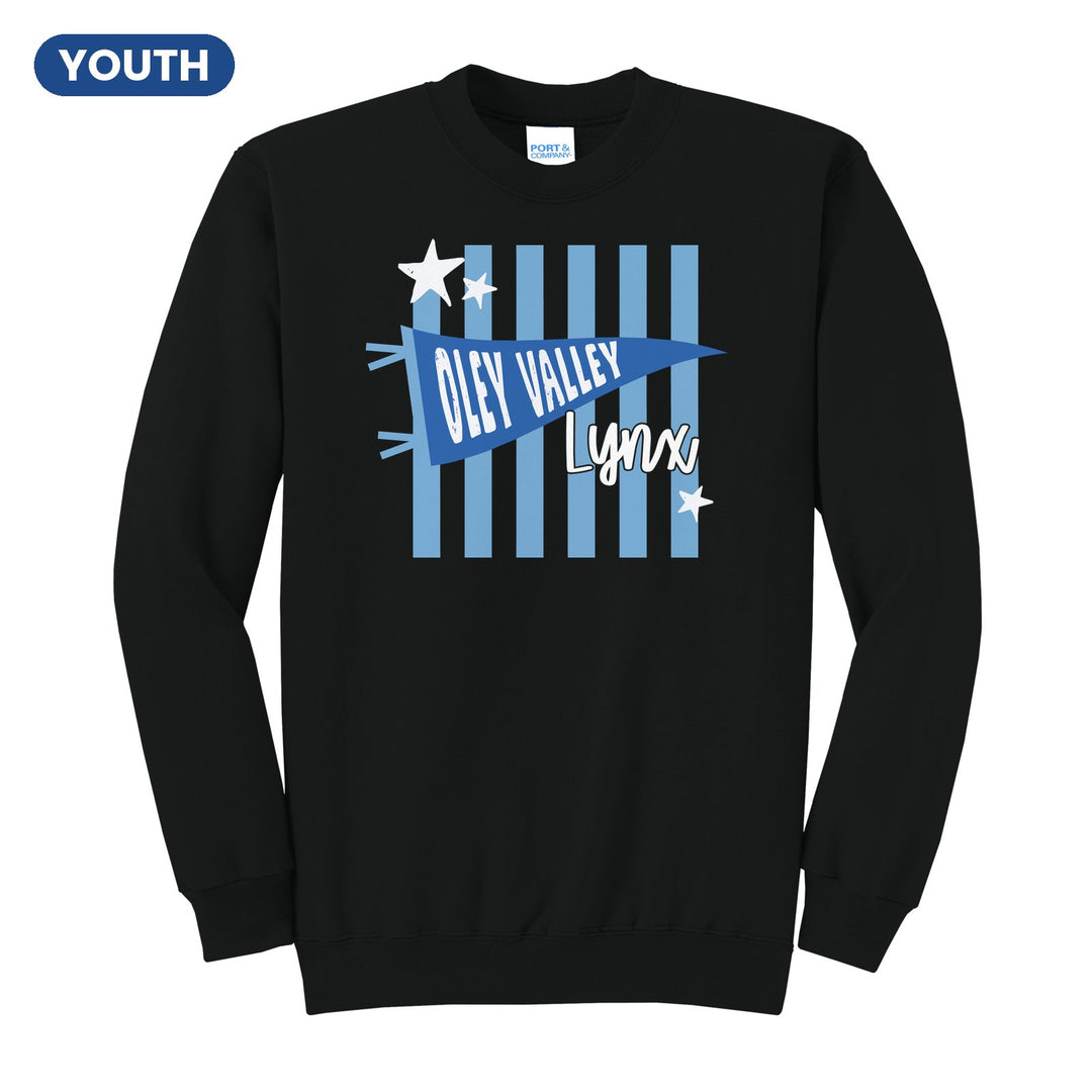 Oley Valley Lynx Pennant Stripes youth crewneck sweatshirt in Jet Black: an Oley Valley pennant and Lynx script over light blue stripes and stars