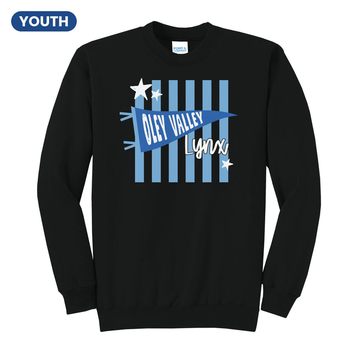 Oley Valley Lynx Pennant Stripes youth crewneck sweatshirt in Jet Black: an Oley Valley pennant and Lynx script over light blue stripes and stars