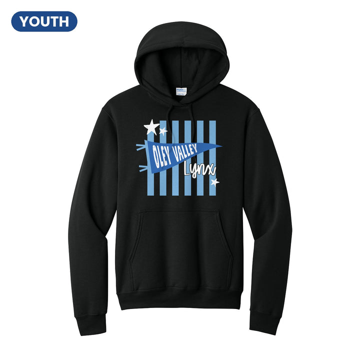 Oley Valley Lynx Pennant Stripes youth hoodie in Jet Black: an Oley Valley pennant and Lynx script over light blue stripes and stars