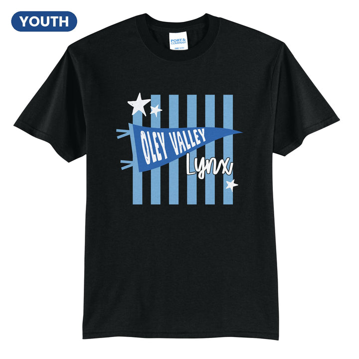 Oley Valley Lynx Pennant Stripes youth t-shirt in Jet Black: an Oley Valley pennant and Lynx script over light blue stripes and stars