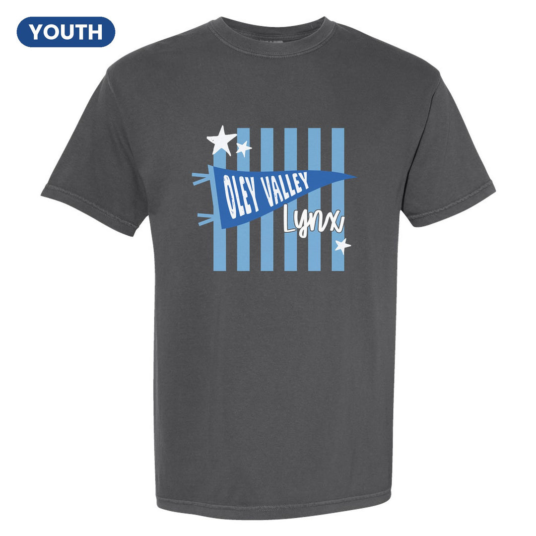 Oley Valley Lynx Pennant Stripes youth comfort colors t-shirt in Pepper: an Oley Valley pennant and Lynx script over light blue stripes and stars