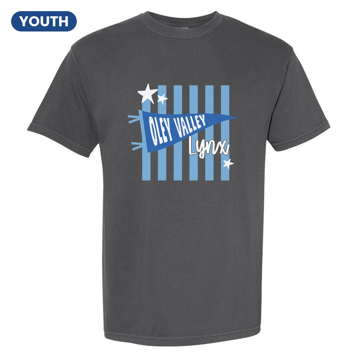 Oley Valley Lynx Pennant Stripes youth comfort colors t-shirt in Pepper: an Oley Valley pennant and Lynx script over light blue stripes and stars
