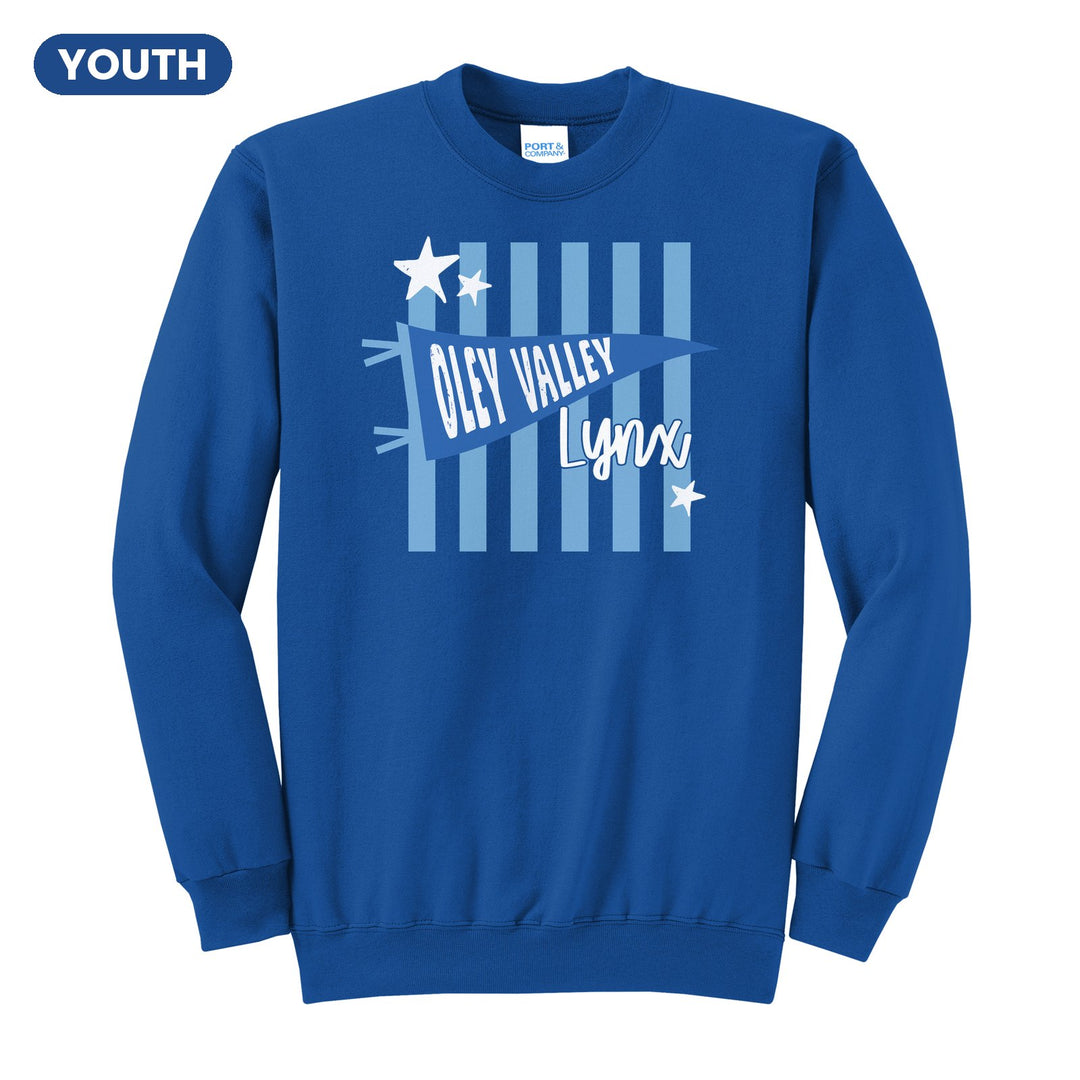 Oley Valley Lynx Pennant Stripes youth crewneck sweatshirt in Royal: an Oley Valley pennant and Lynx script over light blue stripes and stars