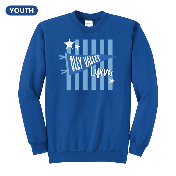 Oley Valley Lynx Pennant Stripes youth crewneck sweatshirt in Royal: an Oley Valley pennant and Lynx script over light blue stripes and stars