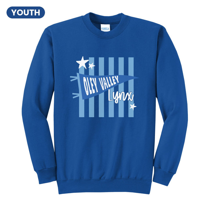 Oley Valley Lynx Pennant Stripes youth crewneck sweatshirt in Royal: an Oley Valley pennant and Lynx script over light blue stripes and stars