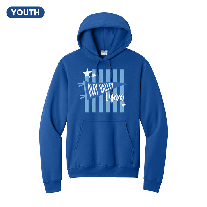 Oley Valley Lynx Pennant Stripes youth hoodie in Royal: an Oley Valley pennant and Lynx script over light blue stripes and stars