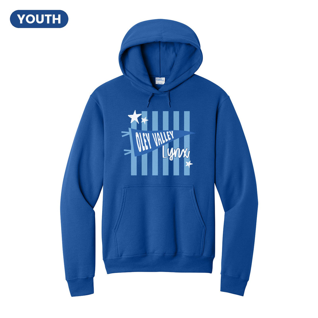 Oley Valley Lynx Pennant Stripes youth hoodie in Royal: an Oley Valley pennant and Lynx script over light blue stripes and stars