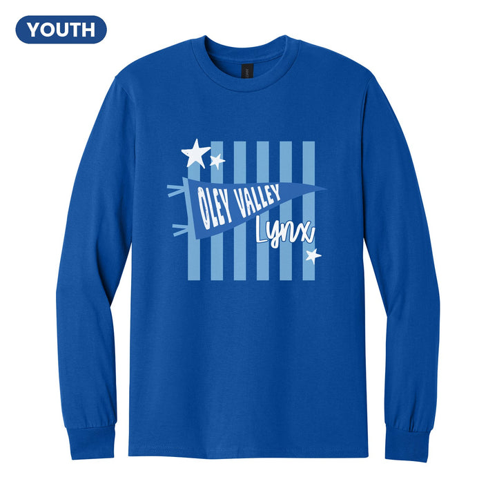 Oley Valley Lynx Pennant Stripes youth long sleeve t-shirt in Royal: an Oley Valley pennant and Lynx script over light blue stripes and stars