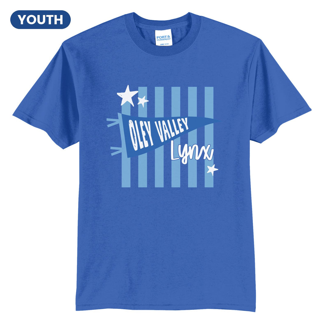 Oley Valley Lynx Pennant Stripes youth t-shirt in Royal: an Oley Valley pennant and Lynx script over light blue stripes and stars