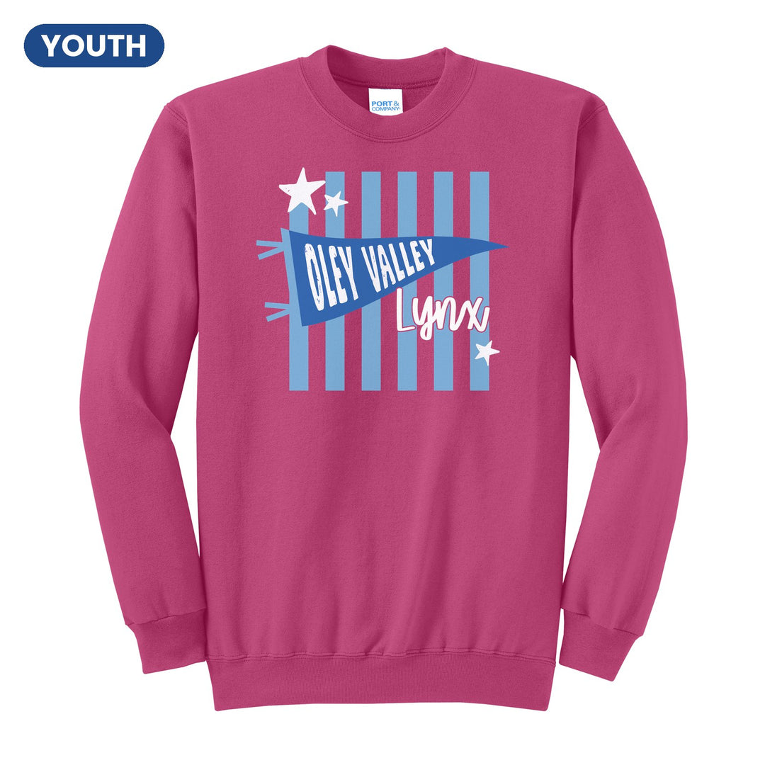 Oley Valley Lynx Pennant Stripes youth crewneck sweatshirt in Sangria: an Oley Valley pennant and Lynx script over light blue stripes and stars