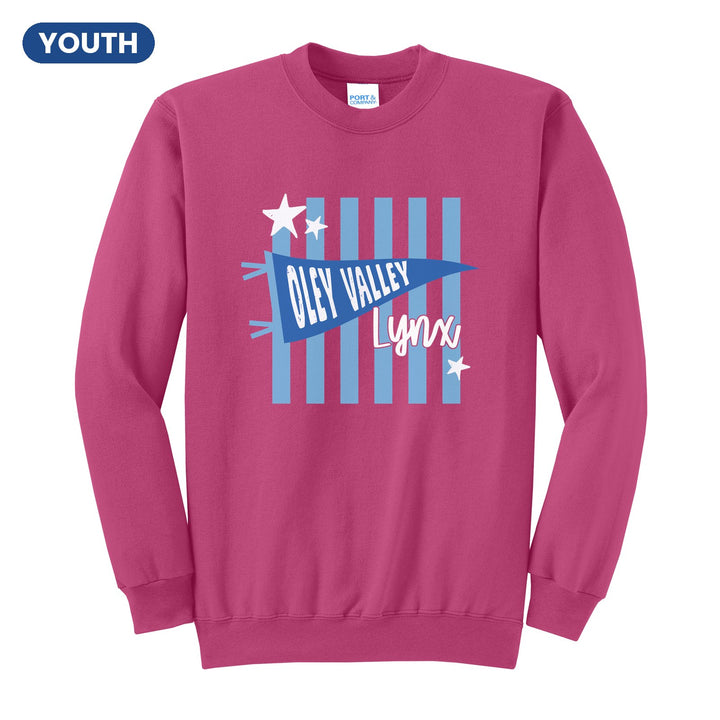 Oley Valley Lynx Pennant Stripes youth crewneck sweatshirt in Sangria: an Oley Valley pennant and Lynx script over light blue stripes and stars