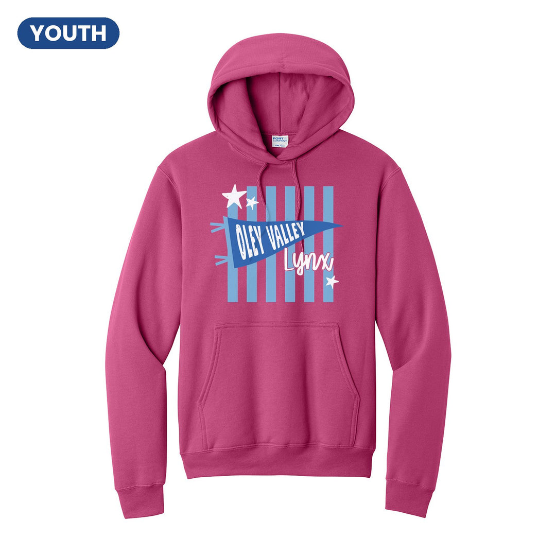 Oley Valley Lynx Pennant Stripes youth hoodie in Sangria: an Oley Valley pennant and Lynx script over light blue stripes and stars