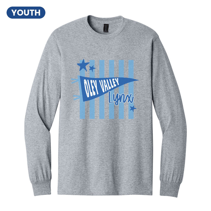 Oley Valley Lynx Pennant Stripes youth long sleeve t-shirt in Sport Grey: an Oley Valley pennant and Lynx script over light blue stripes and stars