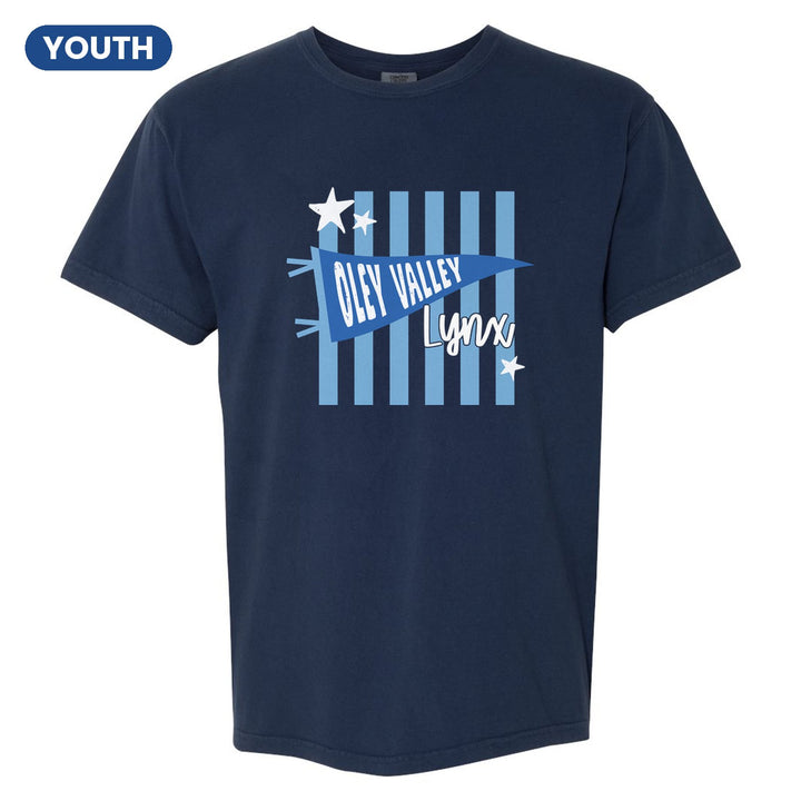 Oley Valley Lynx Pennant Stripes youth comfort colors t-shirt in True Navy: an Oley Valley pennant and Lynx script over light blue stripes and stars