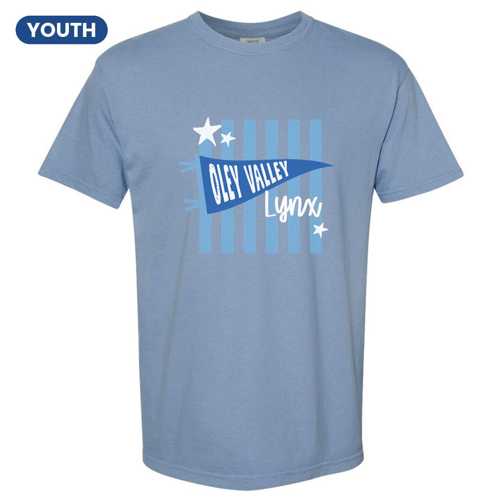 Oley Valley Lynx Pennant Stripes youth comfort colors t-shirt in Washed Denim: an Oley Valley pennant and Lynx script over light blue stripes and stars