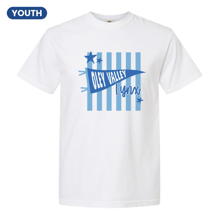 Oley Valley Lynx Pennant Stripes youth comfort colors t-shirt in White: an Oley Valley pennant and Lynx script over light blue stripes and stars