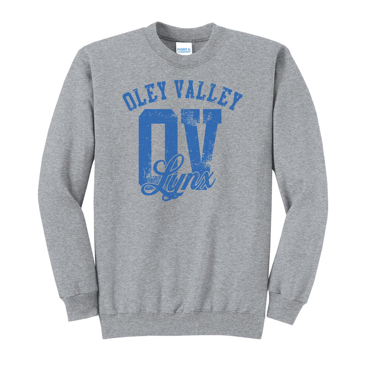 Oley Valley Lynx OV Monogram crewneck sweatshirt in Athletic Heather: OLEY VALLEY arched over a distressed OV monogram with Lynx script