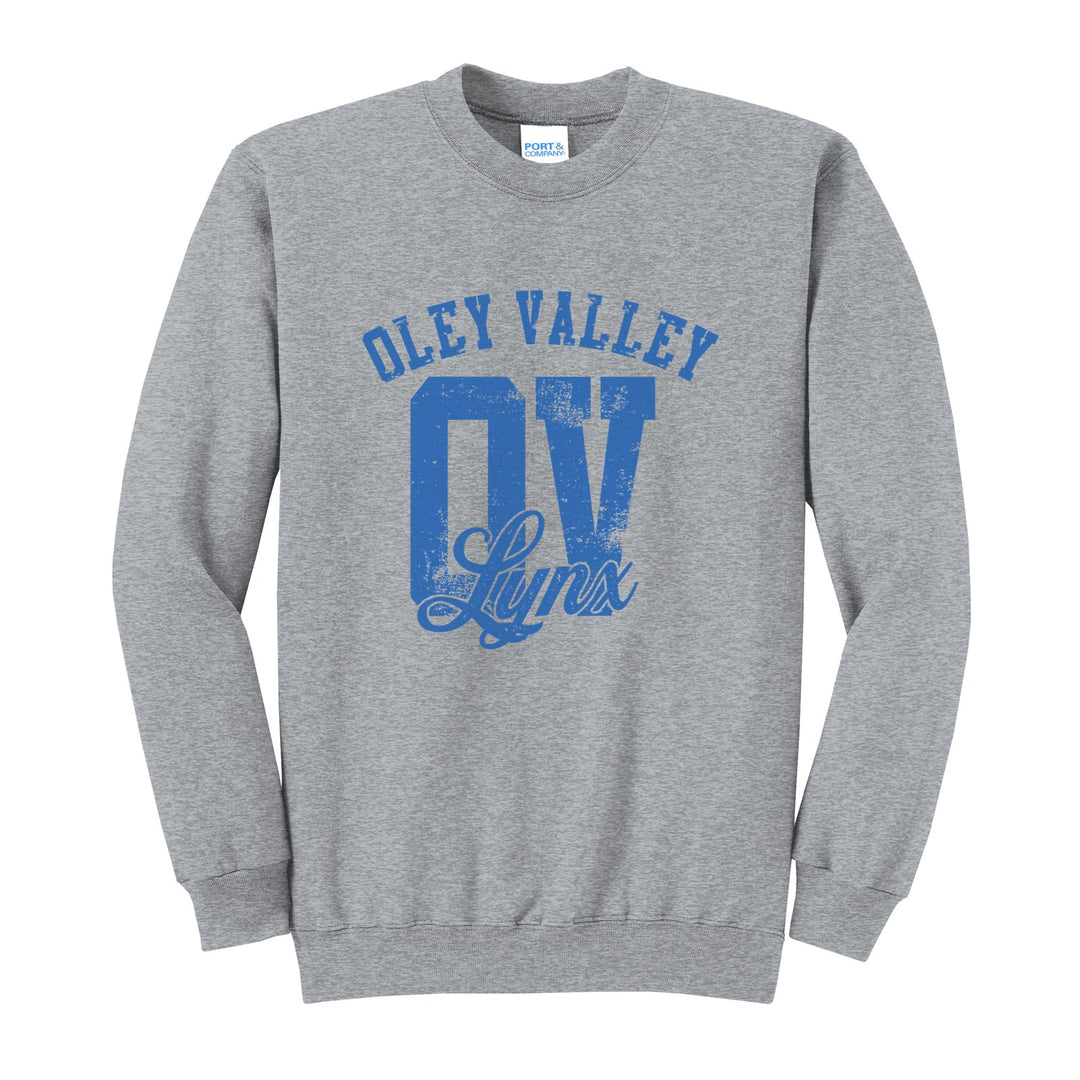 Oley Valley Lynx OV Monogram crewneck sweatshirt in Athletic Heather: OLEY VALLEY arched over a distressed OV monogram with Lynx script