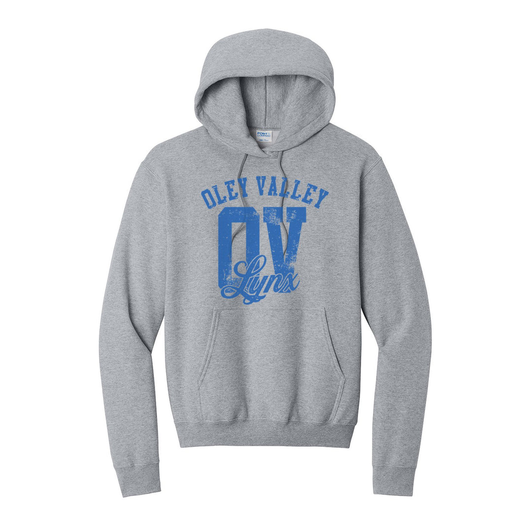Oley Valley Lynx OV Monogram hoodie in Athletic Heather: OLEY VALLEY arched over a distressed OV monogram with Lynx script