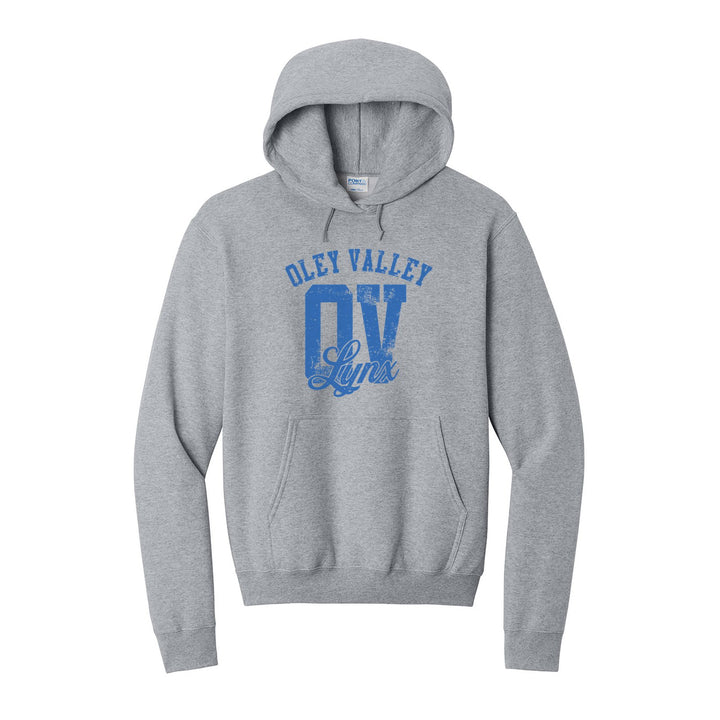 Oley Valley Lynx OV Monogram hoodie in Athletic Heather: OLEY VALLEY arched over a distressed OV monogram with Lynx script
