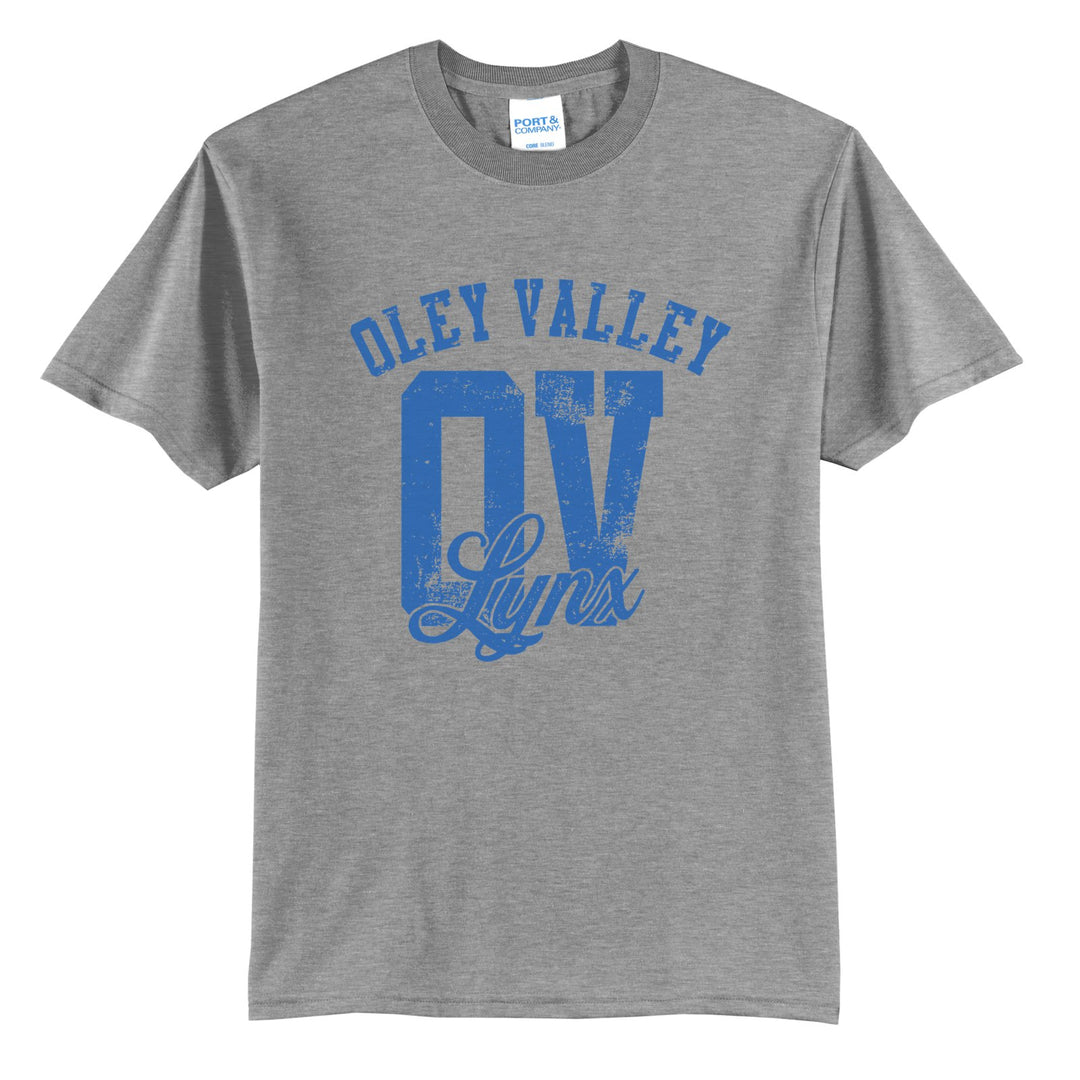 Oley Valley Lynx OV Monogram t-shirt in Athletic Heather: OLEY VALLEY arched over a distressed OV monogram with Lynx script