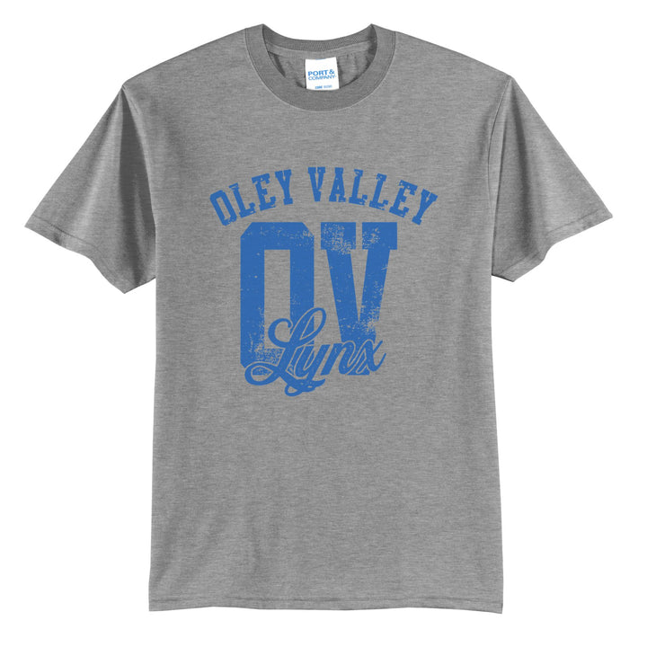 Oley Valley Lynx OV Monogram t-shirt in Athletic Heather: OLEY VALLEY arched over a distressed OV monogram with Lynx script