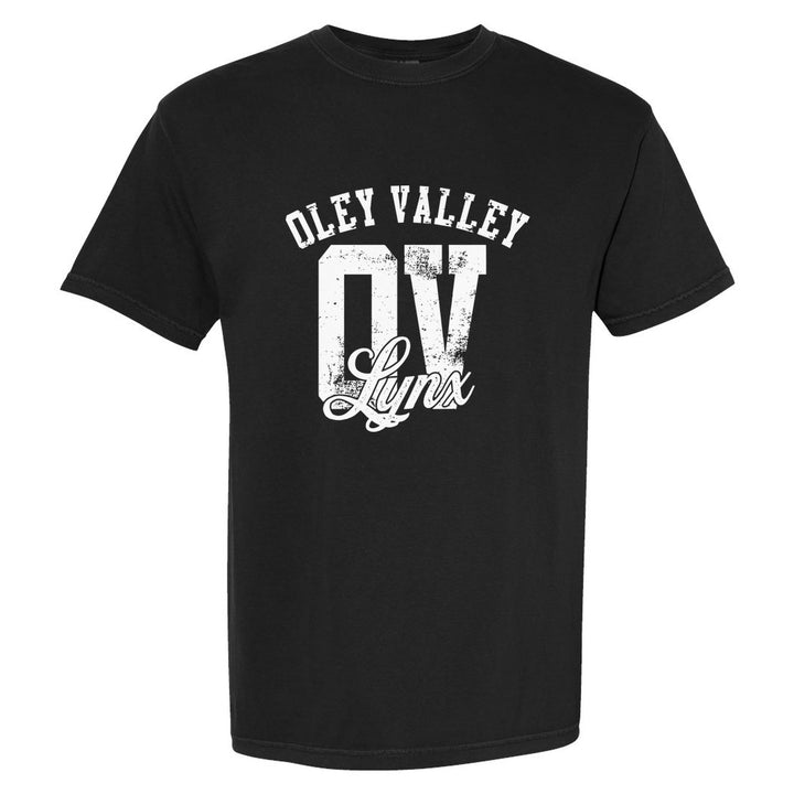 Oley Valley Lynx OV Monogram comfort colors t-shirt in Black: OLEY VALLEY arched over a distressed OV monogram with Lynx script