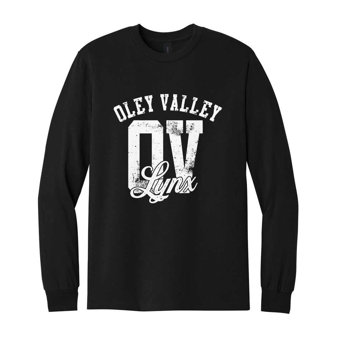 Oley Valley Lynx OV Monogram long sleeve t-shirt in Black: OLEY VALLEY arched over a distressed OV monogram with Lynx script
