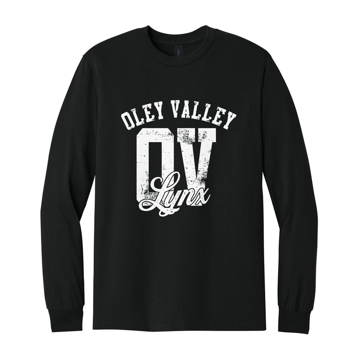 Oley Valley Lynx OV Monogram long sleeve t-shirt in Black: OLEY VALLEY arched over a distressed OV monogram with Lynx script