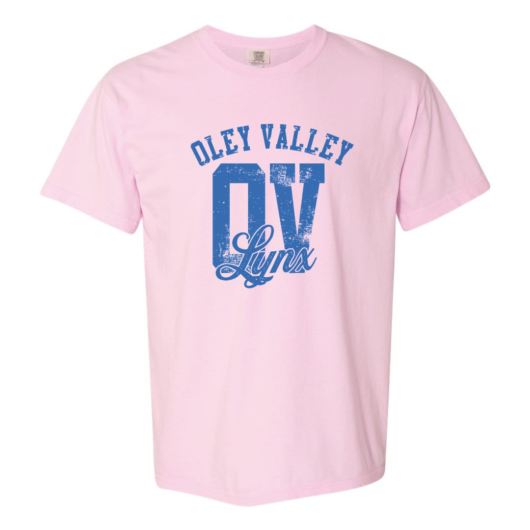 Oley Valley Lynx OV Monogram comfort colors t-shirt in Blossom: OLEY VALLEY arched over a distressed OV monogram with Lynx script