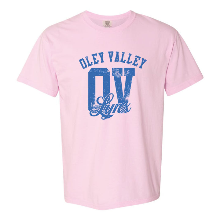 Oley Valley Lynx OV Monogram comfort colors t-shirt in Blossom: OLEY VALLEY arched over a distressed OV monogram with Lynx script
