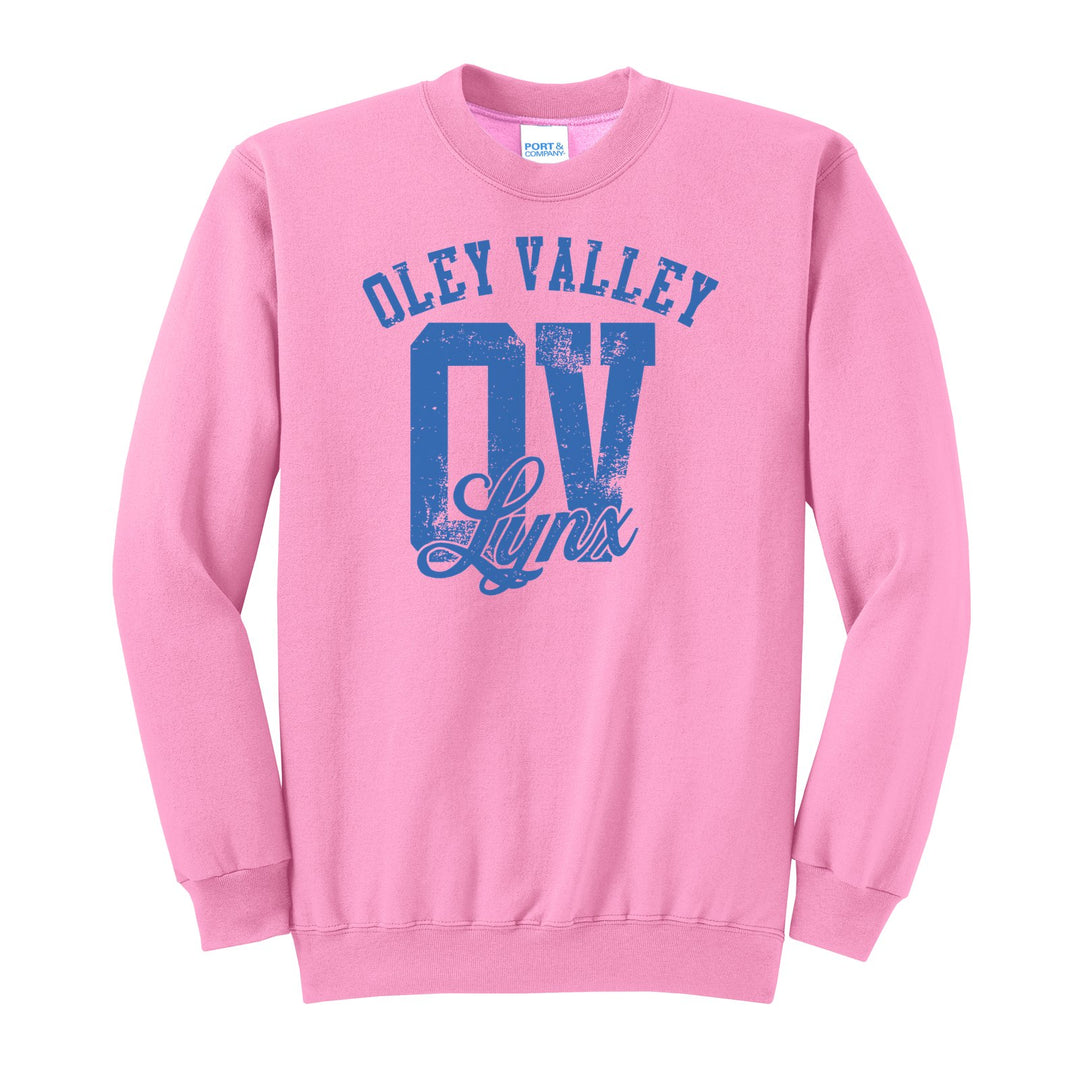 Oley Valley Lynx OV Monogram crewneck sweatshirt in Candy Pink: OLEY VALLEY arched over a distressed OV monogram with Lynx script