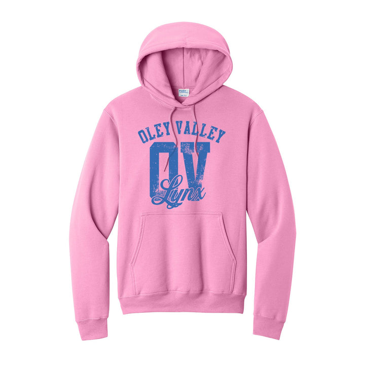 Oley Valley Lynx OV Monogram hoodie in Candy Pink: OLEY VALLEY arched over a distressed OV monogram with Lynx script