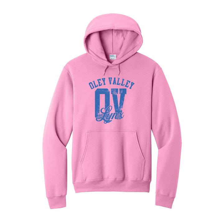 Oley Valley Lynx OV Monogram hoodie in Candy Pink: OLEY VALLEY arched over a distressed OV monogram with Lynx script