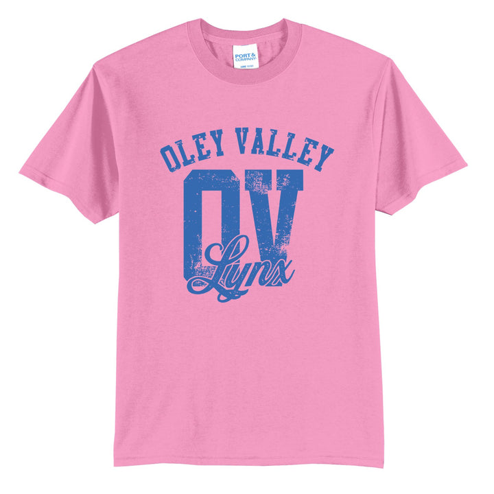 Oley Valley Lynx OV Monogram t-shirt in Candy Pink: OLEY VALLEY arched over a distressed OV monogram with Lynx script