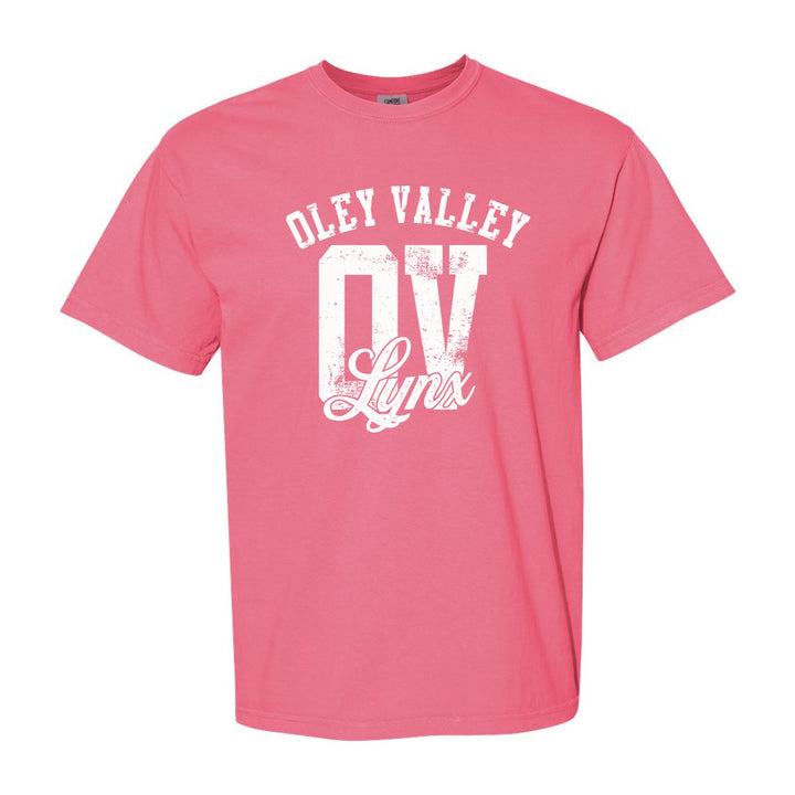Oley Valley Lynx OV Monogram comfort colors t-shirt in Crunchberry: OLEY VALLEY arched over a distressed OV monogram with Lynx script