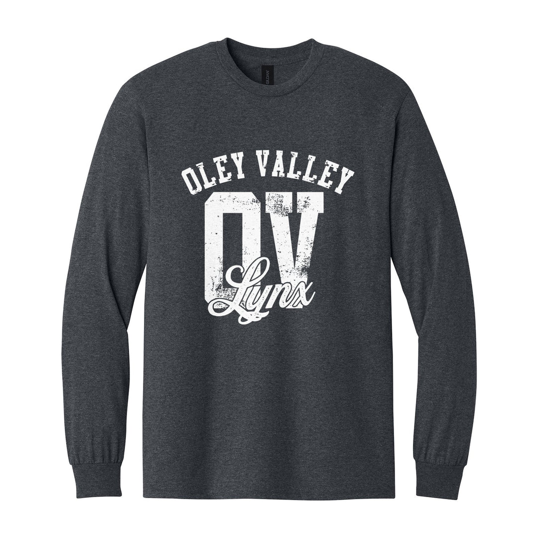 Oley Valley Lynx OV Monogram long sleeve t-shirt in Dark Heather: OLEY VALLEY arched over a distressed OV monogram with Lynx script