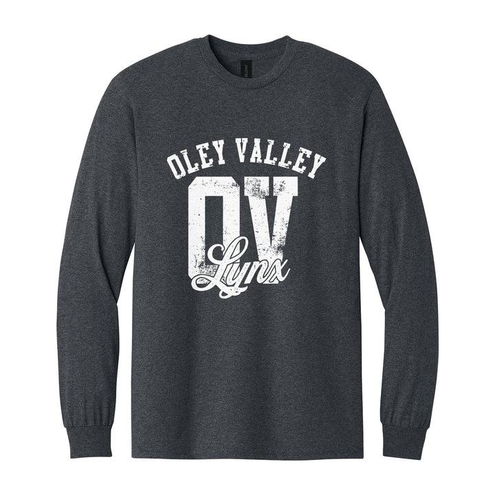 Oley Valley Lynx OV Monogram long sleeve t-shirt in Dark Heather: OLEY VALLEY arched over a distressed OV monogram with Lynx script