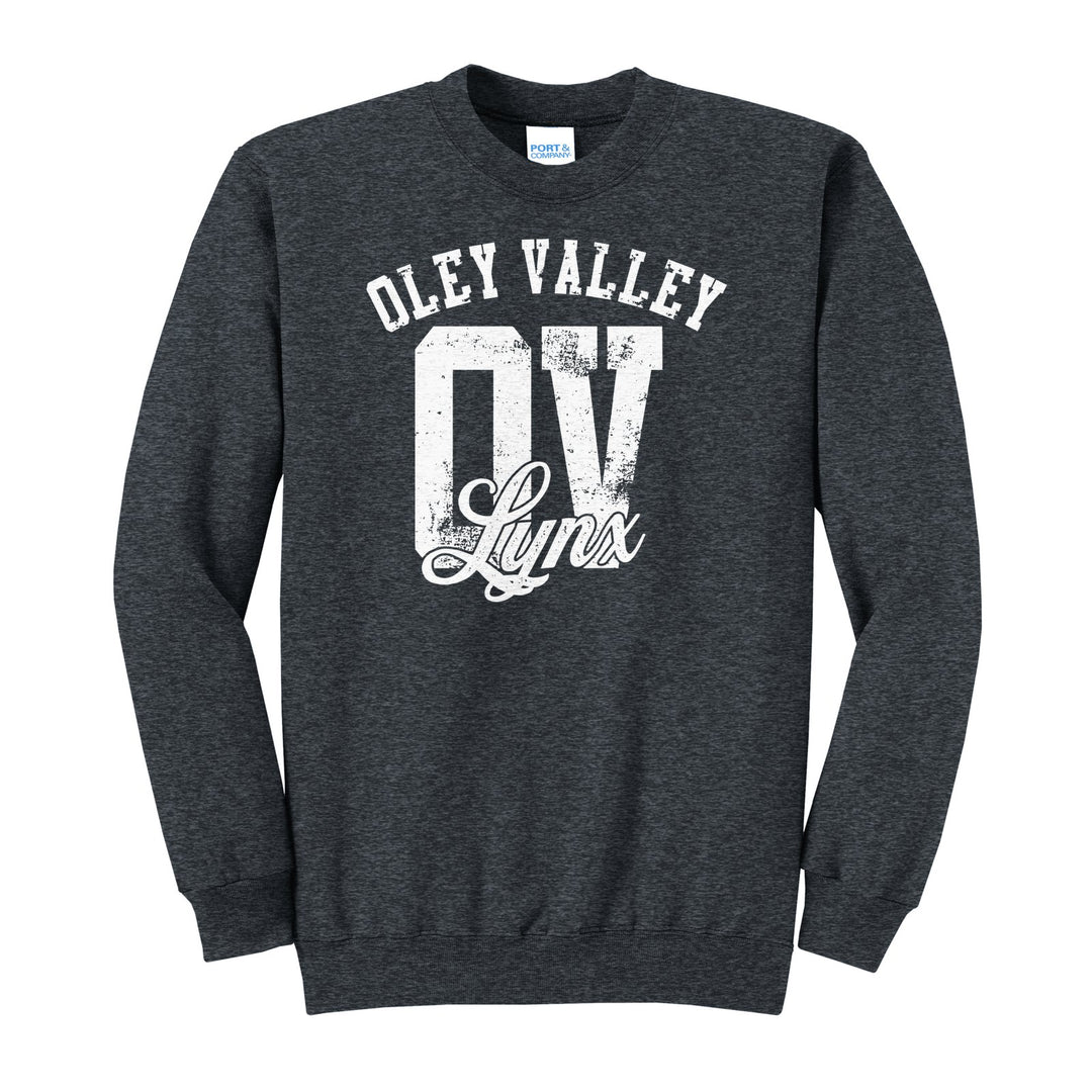 Oley Valley Lynx OV Monogram crewneck sweatshirt in Dark Heather Grey: OLEY VALLEY arched over a distressed OV monogram with Lynx script