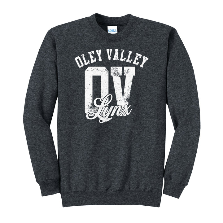 Oley Valley Lynx OV Monogram crewneck sweatshirt in Dark Heather Grey: OLEY VALLEY arched over a distressed OV monogram with Lynx script