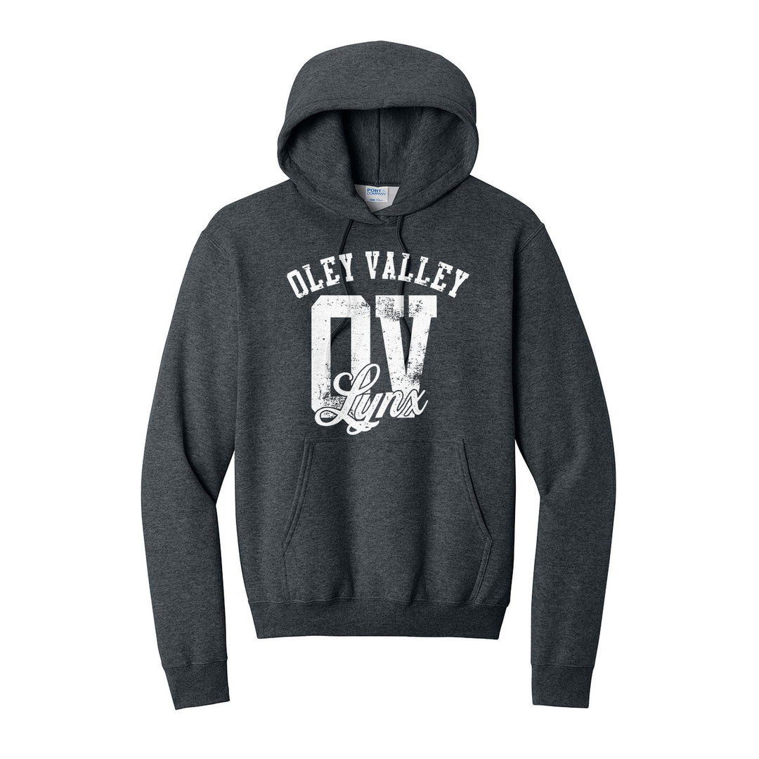Oley Valley Lynx OV Monogram hoodie in Dark Heather Grey: OLEY VALLEY arched over a distressed OV monogram with Lynx script