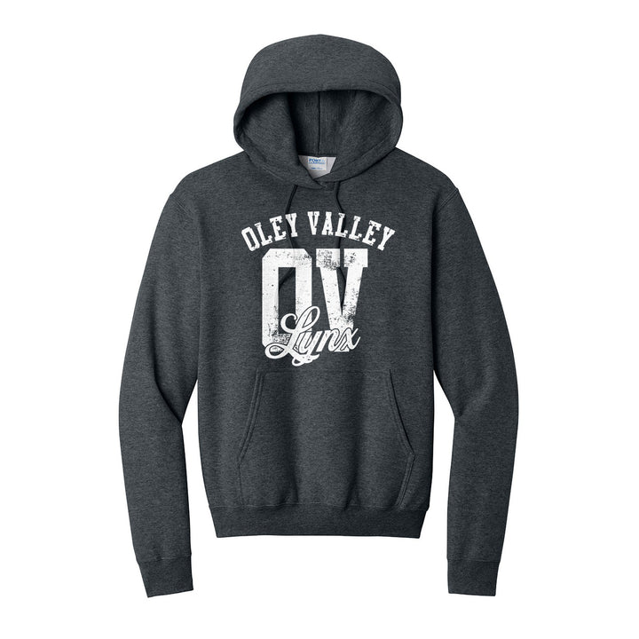 Oley Valley Lynx OV Monogram hoodie in Dark Heather Grey: OLEY VALLEY arched over a distressed OV monogram with Lynx script