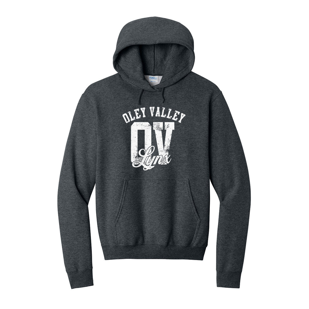 Oley Valley Lynx OV Monogram hoodie in Dark Heather Grey: OLEY VALLEY arched over a distressed OV monogram with Lynx script